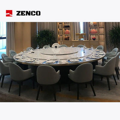 Muebles de hotel y restaurante de color blanco puro con mesa de comedor de piedra y sillas de cuero gris