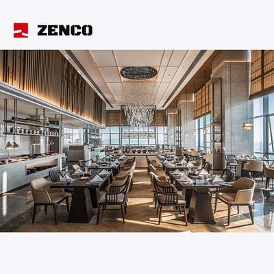 Modernos muebles de hotel de lujo restaurante conjunto de mesa de madera maciza y sillas de cuero para cuatro